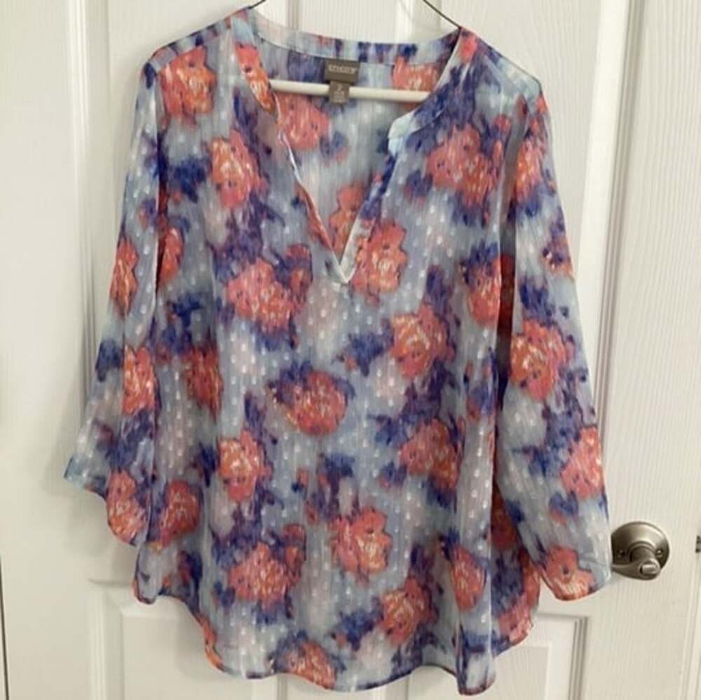 Chico's Women's Sheer Floral Print V-Neck 3/4 Sleeve Tunic Top Size 2